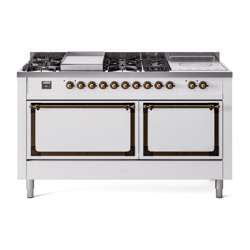 ILVE UN60FSQNMPWHBLP Nostalgie II Noblesse 60 inch Dual Fuel Range (7 Sealed Burners + Griddle + French Top, Liquid Propane, Solid Door, White, Burnished)