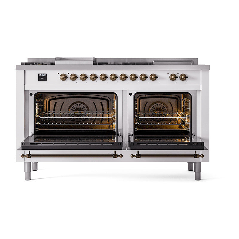 ILVE UN60FSQNMPWHBLP Nostalgie II Noblesse 60 inch Dual Fuel Range (7 Sealed Burners + Griddle + French Top, Liquid Propane, Solid Door, White, Burnished)