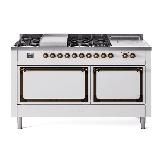 ILVE UN60FSQNMPWHBLP Nostalgie II Noblesse 60 inch Dual Fuel Range (7 Sealed Burners + Griddle + French Top, Liquid Propane, Solid Door, White, Burnished)