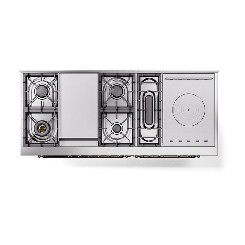 ILVE UN60FSQNMPWHBLP Nostalgie II Noblesse 60 inch Dual Fuel Range (7 Sealed Burners + Griddle + French Top, Liquid Propane, Solid Door, White, Burnished)